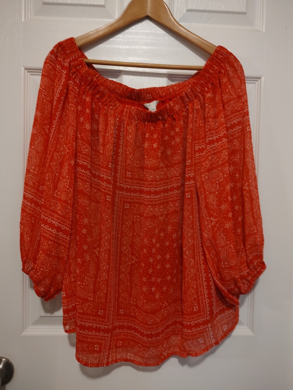 Cato Off-Shoulder Red Printed Peasant Top
